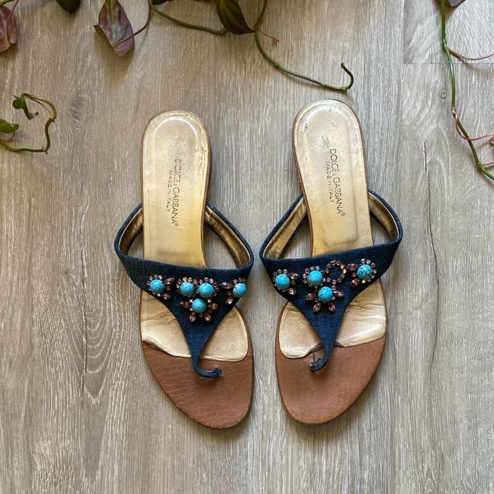 Dolce & Gabbana Leather & Denim Jewel Encrusted sandals. size 39 1/2
